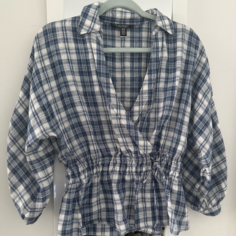 Ralph Lauren Blue and White Smocked Blouse with Notched Collar